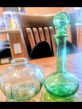 Green Glass Decanter and Small Glass Bud Vase - Decorative Accent